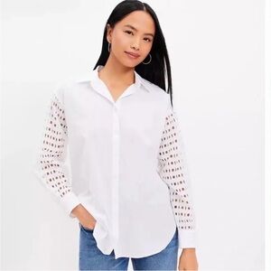 Ann Taylor LOFT Eyelet Long Sleeve Cotton Blend Dress Shirt XS White Top White